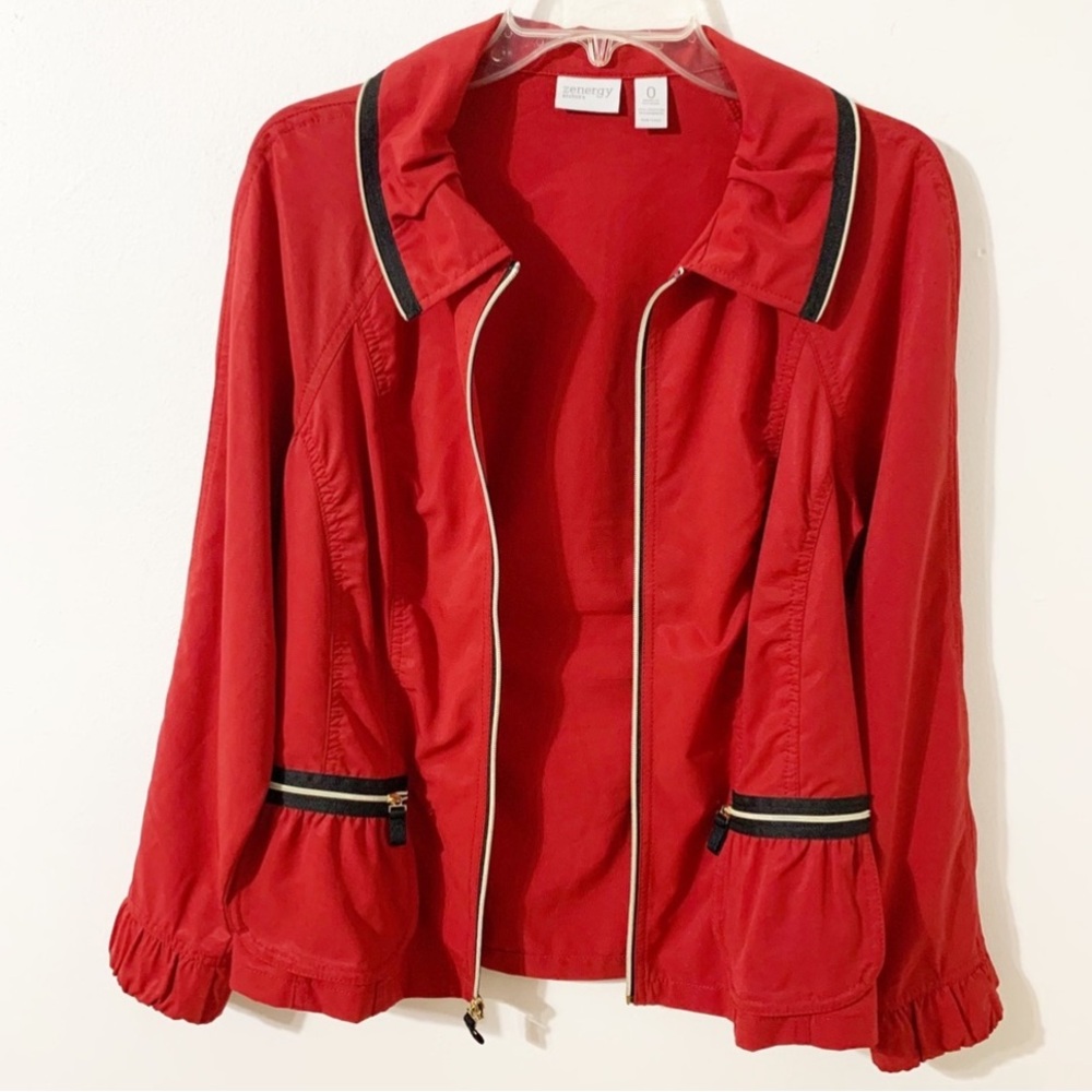 Zenergy by Chico’s Zip Front Windbreaker Jacket Trimmed Collar Pockets Zip 🖤❤️